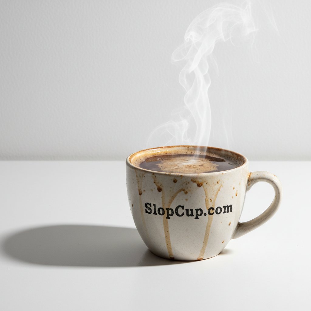 An old, dirty SlopCup.com coffee cup, steam rising, on a white table